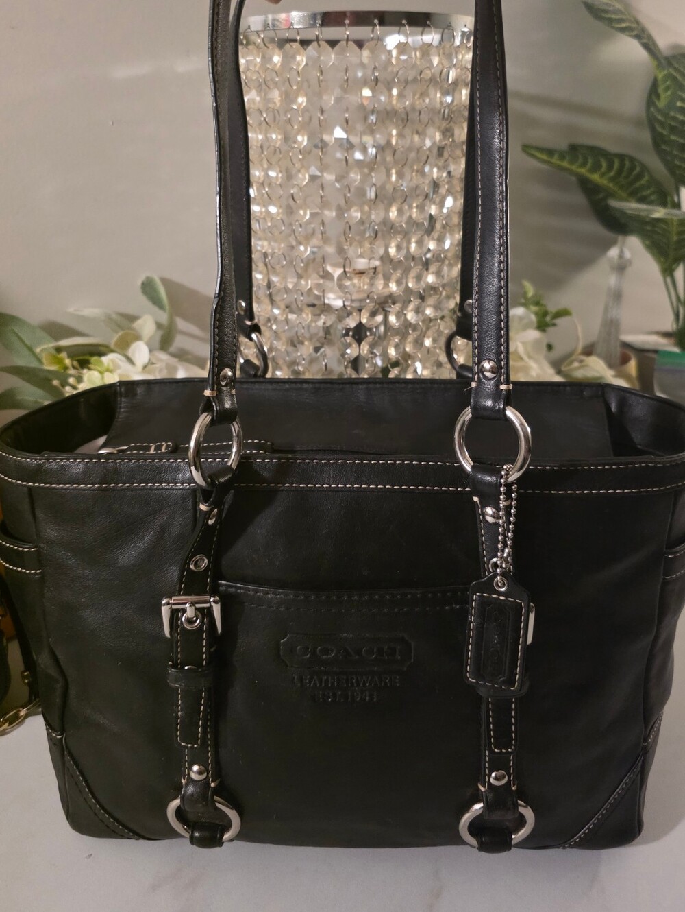Coach Black Leather Tote Bag with Contrast Stitching